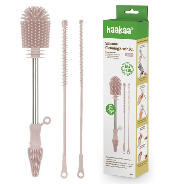 Haakaa Silicone Cleaning Brush Kit – Household Cleaning Brushes for Bottles and Crevices – Food-Grade Silicone: Dishwasher Safe (Kit-Blush)