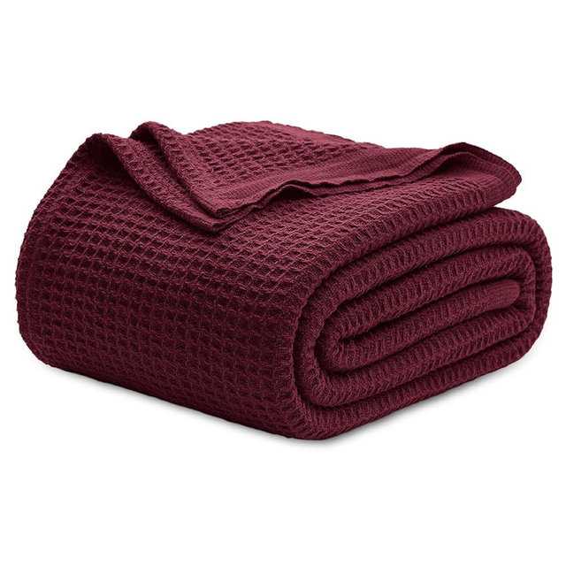 Bedsure 100% Cotton Blankets Queen Size for Bed - 405GSM Waffle Weave Blankets for Summer, Cozy and Soft Woven Blankets, Lightweight Fall Blankets, Burgundy Red, 90x90 Inches