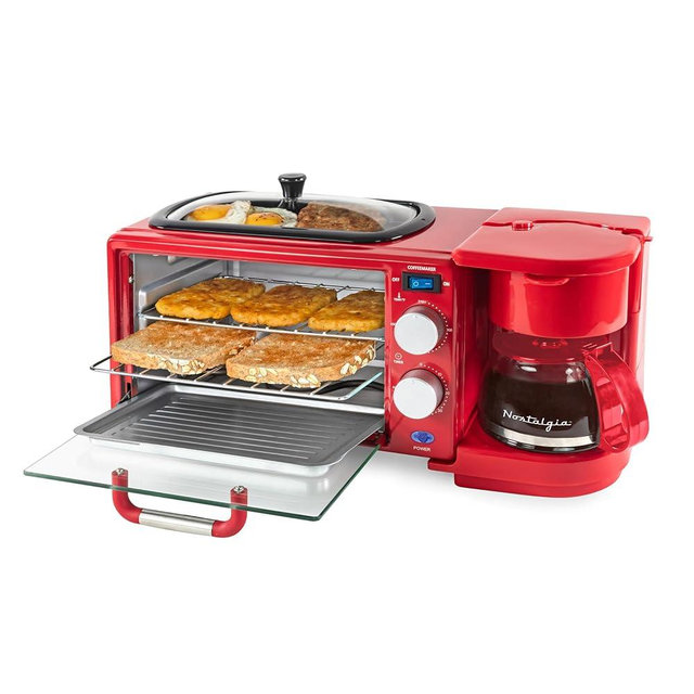 Nostalgia 3-in-1 Retro Breakfast Station - Includes 5 Cup Coffee Maker, Non-Stick Ceramic Griddle, and 4-Slice Toaster Oven - Built-In Timer, Reusable Coffee Filter, Space-Saving Design - Red
