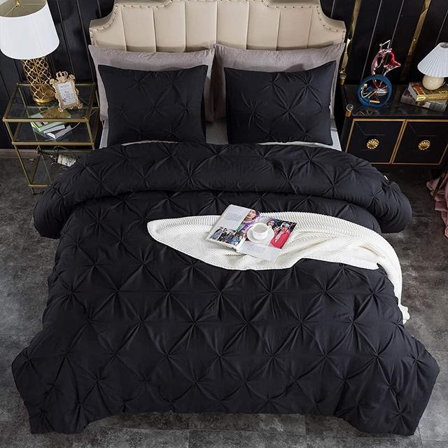 Andency Black Pinch Pleated Comforter King(104x90Inch), 3 Pieces (1 Pintuck Comforter, 2 Pillowcases) Pintuck Comforter Set ,Microfiber Down Alternative Comforter Bedding Set