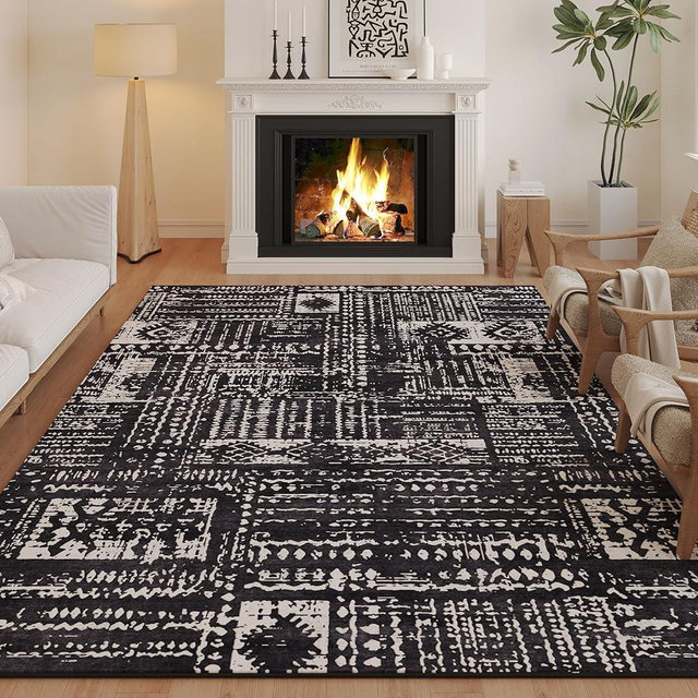 Rugcomf Living Room Rug 6x9 Rug Machine Washable Boho Area Rug Non Slip Moroccan Vintage Low Pile Large Rug for Living Room, Bedroom, Farmhouse, Dining Room, Kids Playroom(Black)