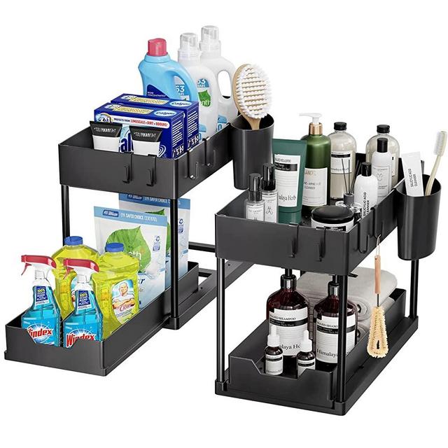 Puricon 2 Pack Under Sink Organizers and Storage Pull Out Sliding Drawer, 2 Tier Multi-Purpose Kitchen Under The Sink Organizer Under Bathroom Sink Shelf Storage Rack for Countertop Laundry -Black