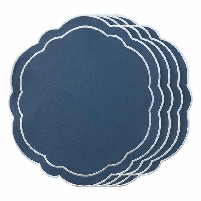LADALI Round Placemats Set of 4, Cotton Linen- Double Layered, Luxury Scalloped Embroidered Cloth Table mats, 16 inch, Washable Fabric Dining Placemat (Blue)