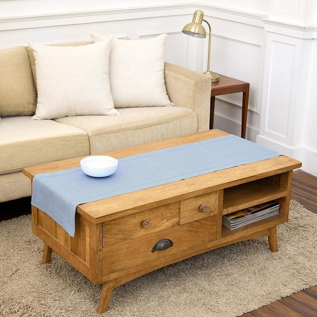 Solino Home Linen Sky Blue Table Runner 48 Inches - Classic Hemstitch, 100% Pure Linen Coffee Table Runner 14 x 48 Inch Ideal for Dresser Tables - Spring, Summer, Mothers Day