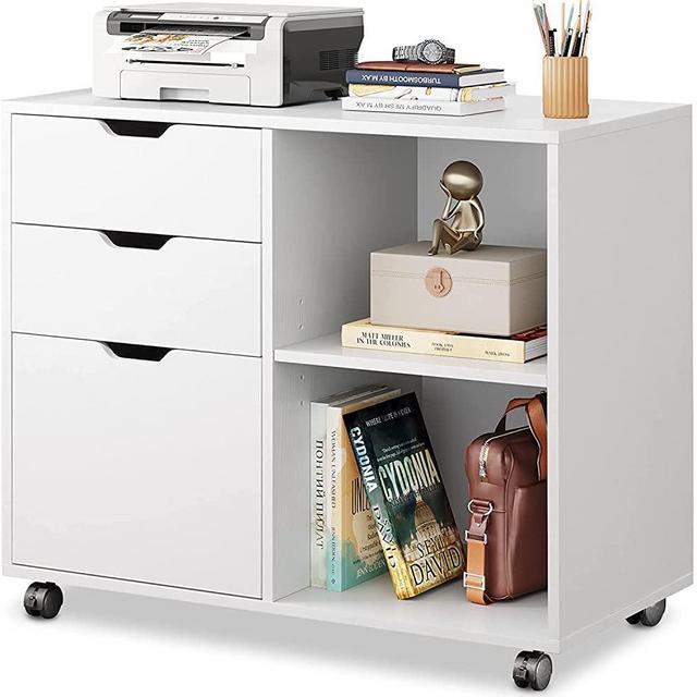 DEVAISE 3-Drawer Wood File Cabinet, Mobile Lateral Filing Cabinet, Printer Stand with Open Storage Shelves for Home Office, White