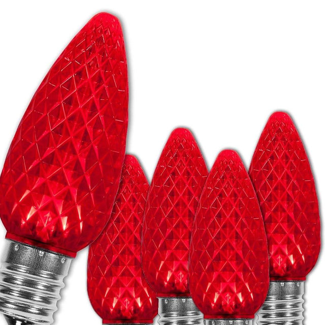 Wintergreen Lighting 25 Pack OptiCore LED Red C9 Christmas Light Bulbs - Shatterproof Valentine Lights E17 Base, Heavy Duty Polycarbonate LED Replacement Bulbs (Faceted)