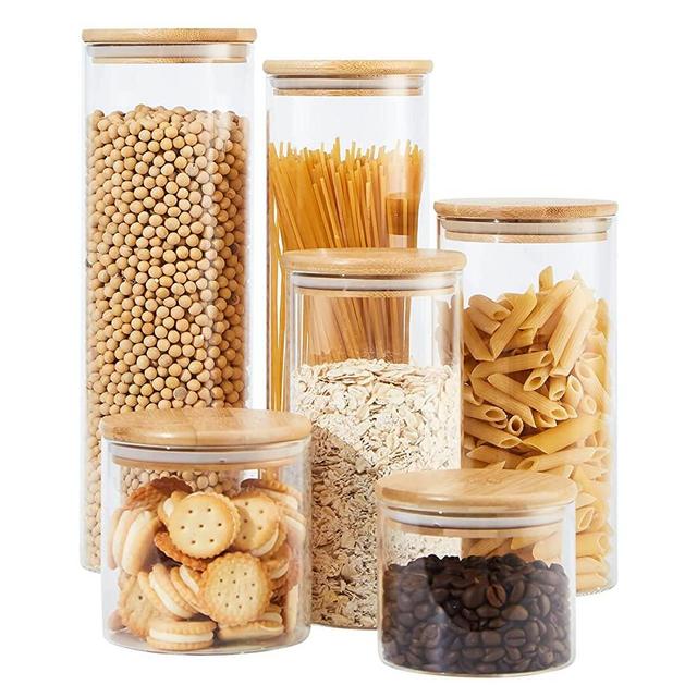 ERISED 6-Pack Glass Jars, Glass Containers with Bamboo Lids, Glass Canisters, Kitchen Canisters for Candy,Cookie,Rice,Sugar,Flour,Pasta,Nuts