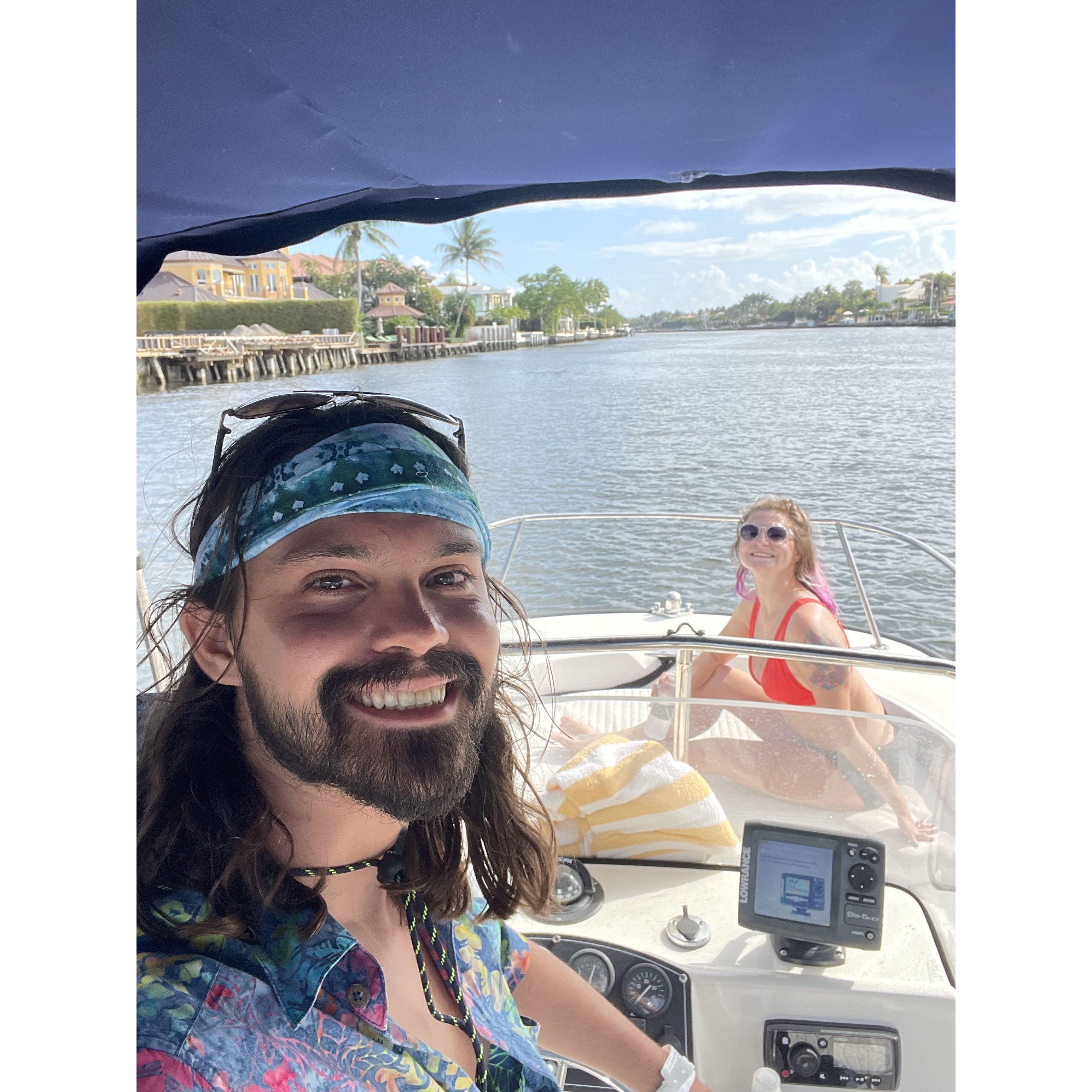 Our first vacation, just us, to the fabulous Boca Raton. Frank discovered he's quite good at doing 5 point turns in a boat, too.
