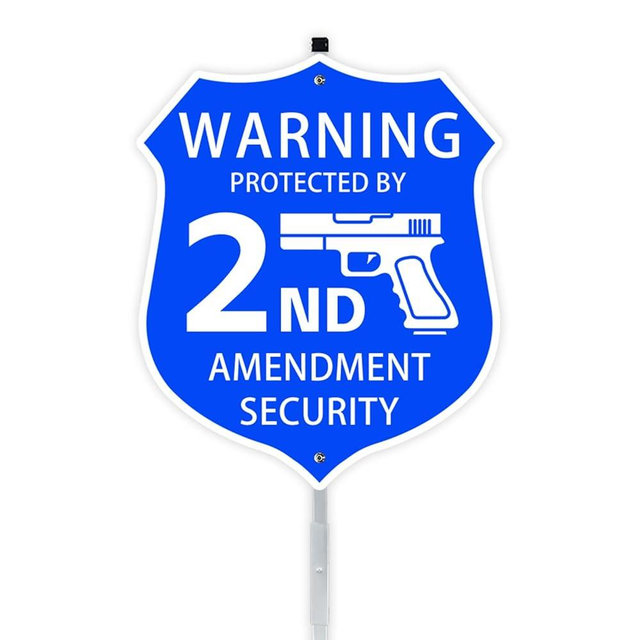 9" x 28" Shield Shape Home Security Signs for Yard with Stake and Accessories, Protected by 2nd Amendment Security Alarm Sign with Gun Graphic, No Trespassing Sign, Warning Signs for Home Security