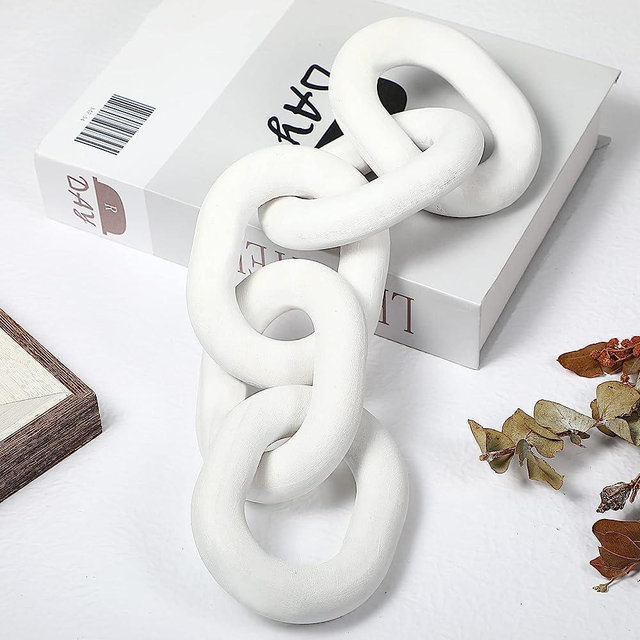 Decorative Wood Chain Link Decor Rustic Wood Link 5 Link Wooden Chain Decor Link Ornament Farmhouse Wooden Links Home Decor Hand Carved Wood Crafts Ornaments for Coffee Table Tray Shelf (White)