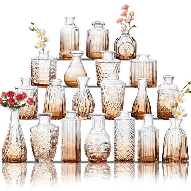 Glass Bud Vase Set of 20, Small Flower Vases, Glass Vases for Centerpieces, Vintage Home Table Decorations Bud Vases (20 Pcs, Amber)