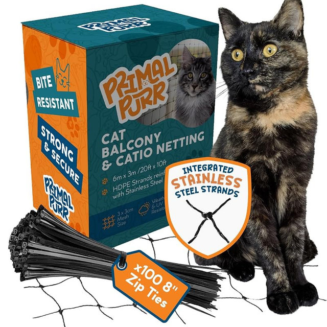 Steel Reinforced Cat Netting for Balcony - 10ft x 20ft - Cat Net for Catio – Safety Netting for Pets - Animal Proof Screen - Strong Pet Net – Kitten Balcony Protection - Barrier for Animals Fence
