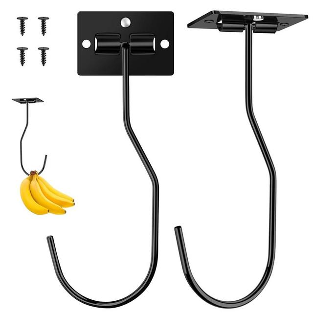 VAZOCA 2 Pack Banana Hooks Foldable, Under Cabinet Hidden Banana Hanger, Heavy Duty Screw Mount Metal Banana Holder Organizer Under Counter, Keep Fruit Fresh Kitchen RV Space Saving, Black
