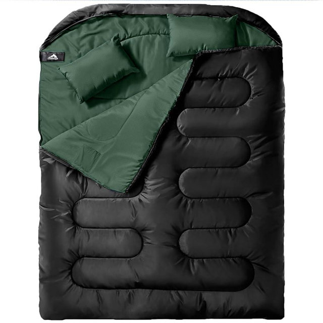 MEREZA Double Sleeping Bag for Adults Mens with Pillow, XL Queen Size Two Person Sleeping Bag for All Season Camping Hiking Backpacking 2 Person Sleeping Bags for Cold Weather & Warm