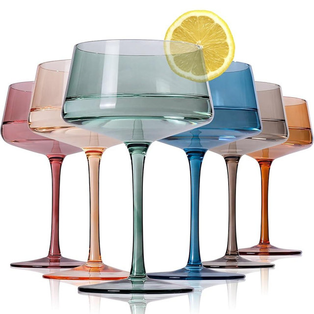 JOVGANK Colored Coupe Glasses Set of 6, Hand Blown Colorful Martini Glasses 13Oz, Champagne & Cocktail Luxury Glasses, Bar Manhattan and New Year Glass, Valentine's Day Gifts for Ice Cream Dessert