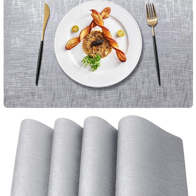 FGSAEOR Table Placemats Set of 4, Vinyl Table Mats Wipeable 12 X 17 Inch, 100% Waterproof & Oilproof Dual Sided Faux Leather Place Mats for Kitchen/Dining/Party/Indoor & Outdoor - White Silver