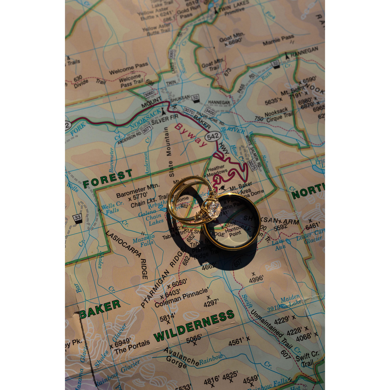 Our rings circling where we had our wedding ceremony: Huntoon Point in Glacier, Washington