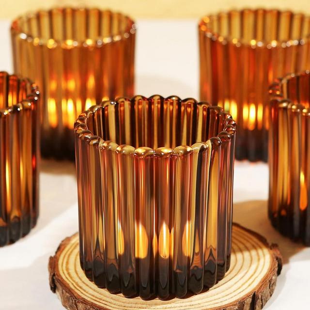 MOSROAD 6PCS Vintage Amber Ribbed Votive Candle Holders for Table Centerpiece, Large Glass Tealight Candle Holders for Wedding Decor, 2.76''x2.85'' Candle Holders for Home, Party