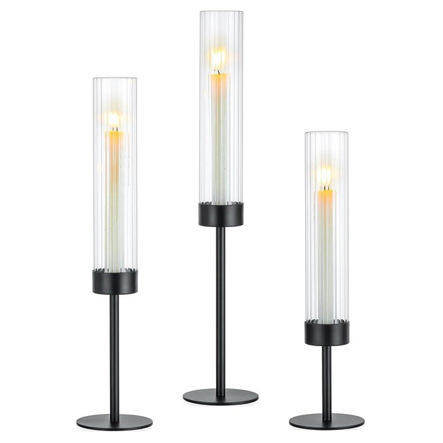 Hewory Black Taper Candle Holders: Candlestick Holders Set of 3 Hurricane Glass Tall Candle Holder for Candlesticks Candle Sticks Holder Decor for Table Centerpiece Wedding Party Christmas Decorations