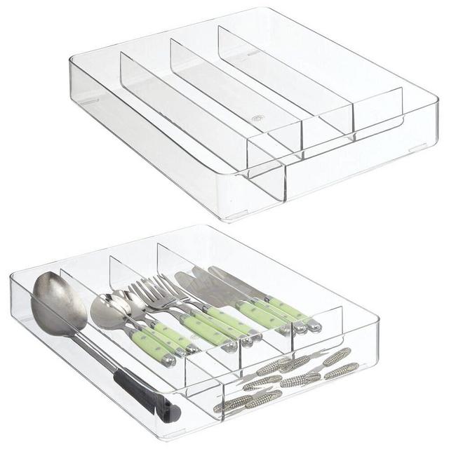 mDesign Plastic Kitchen Cabinet Drawer Storage Organizer Tray - for Storing Organizing Cutlery, Spoons, Cooking Utensils, Gadgets - 5 Divided Compartments - 2 Pack - Clear