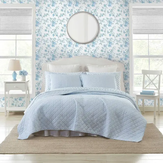 Laura Ashley King Oxford Striped Quilt Set Blue: Includes 2 Shams, Year-Round Comfort