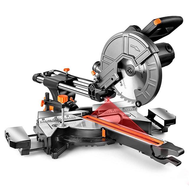 Sliding Compound Miter Saw, 10-Inch, 15 Amp, 2 Variable Speeds (4500 & 3200 RPM) with Bevel Cut (0-45°), 3 Blades (2 40T 1 48T), Laser Guide, Iron Blade Guard, Extension Table Included-EMS01A