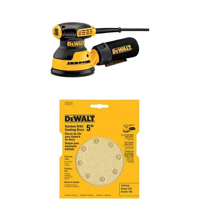 DEWALT DWE6421 Random Orbit H&L Sander, 5" with DEWALT DW4303 5-Inch 8-Hole 120-Grit Hook-and-Loop Random Orbit Sandpaper (5-Pack)