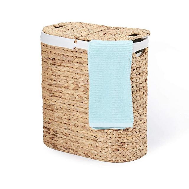 Seville Classics Handwoven Double Lidded Removable Washable Canvas Liner Laundry Sorter Hamper Bin, Oval, Natural Water Hyacinth