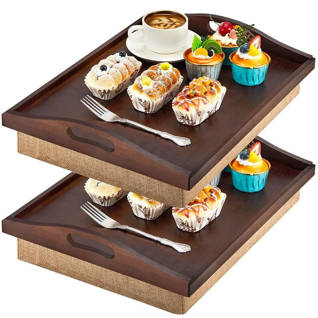Tioncy 2 Pieces Bamboo Lap Tray with Detachable Pillow 16.9'' x 13'' Lap TV Trays Desk with Handles for Adults Eating in Recliner Breakfast Housewarming Gift (Walnut Brown)