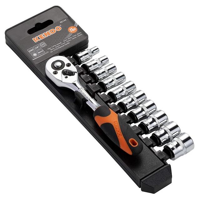 KENDO 11pcs 1/4'' Drive Metric Ratchet Socket Wrench Set - Professional 72 Tooth Reversible Quick Release Wrench with 10 CrV Sockets - 5mm to 14mm - with Storage Rack