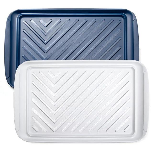 LEHAHA Grilling Prep and Serve Trays, Melamine BBQ Tray for Raw and Cooked Food, Food Serving Platter and plate for Outdoor Party,Large Melamine Serving Platter, Set of 2, 17.2 x 10.5'',Blue and White