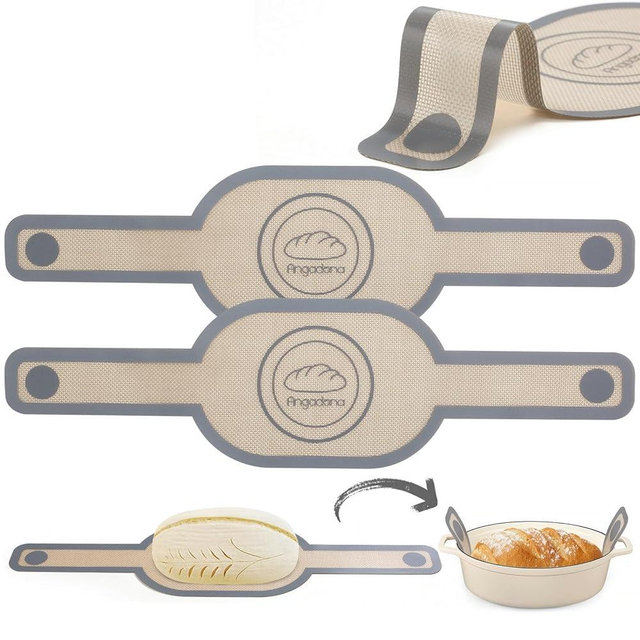 Silicone Bread Sling Oval- Non-Stick & Easy Clean Reusable Oval Silicone Baking Mat for dutch oven. With Long Handles Sourdough Bread Baking mat tools supplier Liner, 2 pcs Gray