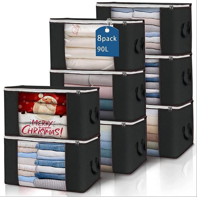 Large Storage Bags, 8 Pack Clothes Storage Bins Foldable Closet Organizers Storage Containers with Durable Handles Thick Fabric for Blanket Comforter Clothing Bedding 90L (Black)