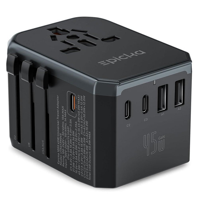 EPICKA Universal Travel Adapter GaN 45W, European Travel Plug Adapter with PD&QC Fast Charging(2 USB-A & 3 USB-C Ports) - Worldwide Travel Essentials, International Power Adapter for UK/US/AU