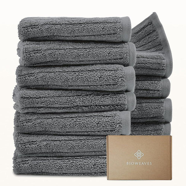 BIOWEAVES 100% Organic Cotton 700 GSM Luxury Ribbed Wash Cloths GOTS Certified 13" x 13" Face Towel - Pewter, Pack of 12