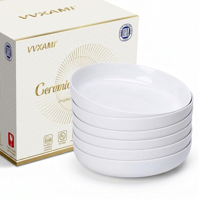RRBOLAL Pasta Bowls Set of 6, 8.8" 37oz Salad Serving Bowls,White Ceramic Soup Bowls Wide and Shallow Plate Bowls Set,Microwave and Dishwasher Safe,Gift Packaging