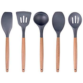 Miusco Kitchen Utensils Set Silicone Cooking Utensils with Natural Acacia Hard Wood Handle, Black