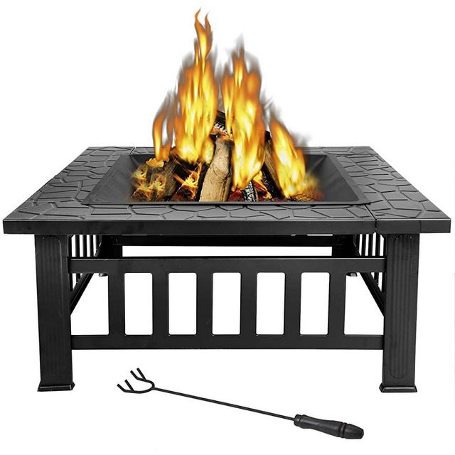 Nova Microdermabrasion 32 Inches Outdoor Fire Pit Square Metal Firepit Backyard Patio Garden Stove Fireplace with Weather Resistant Cover & Poker