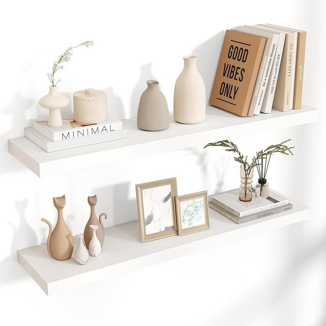 Floating Shelves for Wall, 2 Large Wall Mounted Shelves with Invisible Brackets, Long Wood Floating Wall Shelf Shelves for Living Room, Bedroom, Kitchen, Bathroom Decor (White, 36" W x 8" D x 1.5" H)