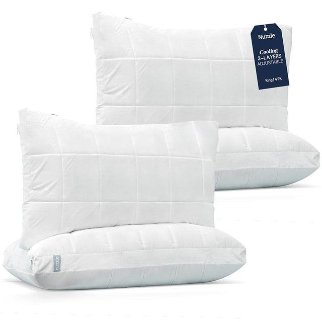 Nuzzle Cooling Adjustable Pillows for Side Sleepers, Luxury King Size Set of 4 Bed Pillows Hotel Collection - Best Adjust Height Soft Firm Pillows for Back, Stomach and Side Sleepers