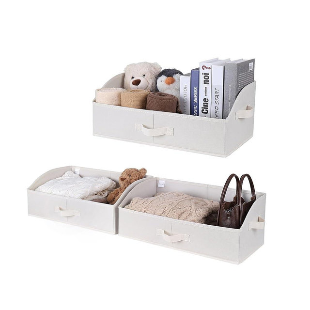 WUIKE 3 Pack Extra Large Closet Storage Bins with Handles, Fabric Trapezoid Storage Binsr for Organizing Clothes, Sheets, Blankets, White & Beige
