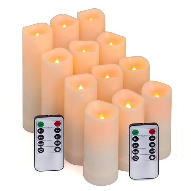 Flameless Candles, Led Candles Set of 12(D 2.1" X H 4" 5" 6" 7") Resin Candles with Remote Timer Waterproof Outdoor Indoor Candles (Made of Plastic)