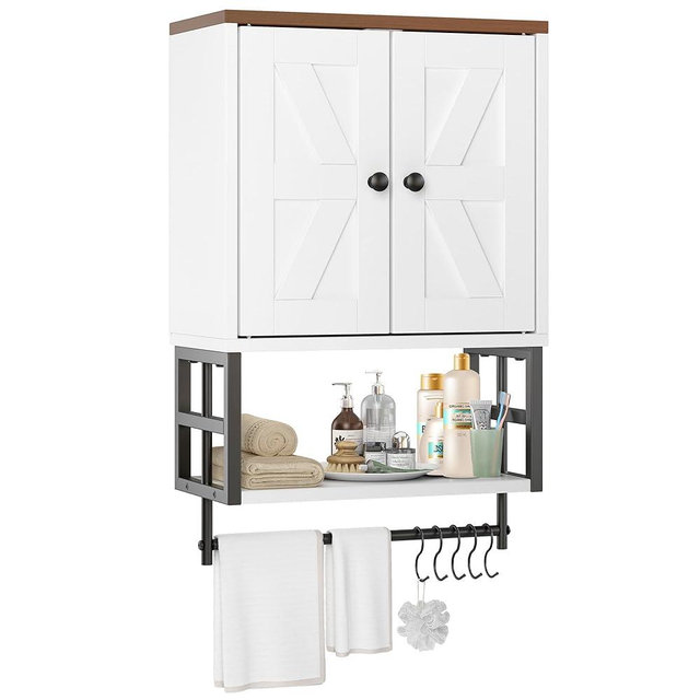 FUNHUKSON Farmhouse Medicine Cabinet for Small Bathroom Wall Mounted – 3-Tier Storage Cabinet with Adjustable Shelf & Towel Bar, 2-Door Cabinet for Bathroom, Laundry Room, Above Toilet Organizer