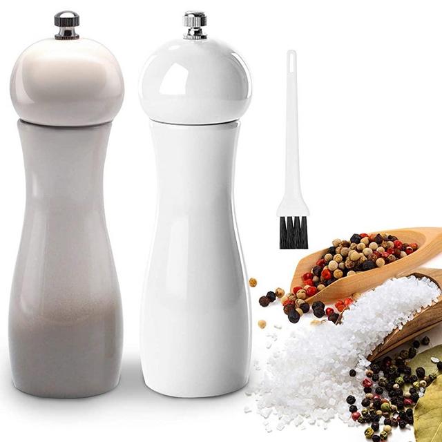 Salt and Pepper Grinder(6 Inch, Set of 2), Elegant Wood Salt and Pepper Mill, Adjustable Coarseness Ceramic Grinder with Cleaning Brush