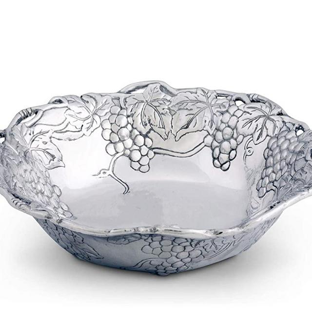 Arthur Court Metal Serving Bowl Grape Pattern Sand Casted in Aluminum with Artisan Quality Hand Polished Design Tanish Free 12 inch diameter