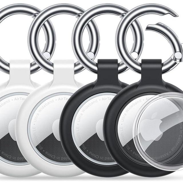 MRGLAS 4-Pack for Apple AirTag Holder, Air Tag Case with Keychain- Secure Fit, Easy Install, Waterproof TPU Shell with Anti-Scratch Metal Key Ring Clip, Airtag Accessories for GPS Item Finder Tracker