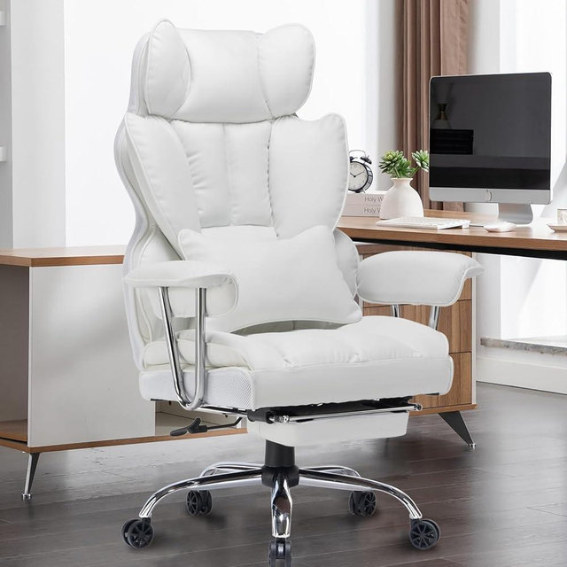Efomao Big and Tall Office Chair 400lbs – PU Leather Executive Office Chair with Lumbar Support & Leg Rest, Heavy-Duty Computer Chairs for Home Office, White