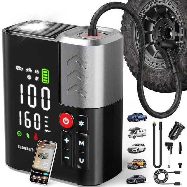 Tire Inflator Portable Air Compressor, SuperBars 3X Faster Air Pump with APP, 160PSI 48LPM Electric Tire Pump with 10400mAh Battery, 45W Faster Charging, Tire Inflator for Car SUV Pickup RV MPV Truck
