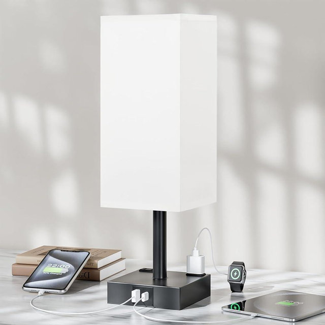 Touch Bedside Table Lamp For Nightstand - 3-Way Dimmable Night Lamp with USB A + Type C Charging Ports and two AC Outlets, Small Desk Light with E26 LED Bulb for Bedroom Living Room ,WHITE BLACK
