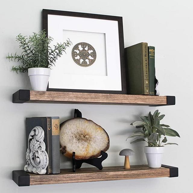 WG WILLOW & GRACE DESIGNS Floating Shelves, Wall Mounted, Modern Rustic All Wood Wall Shelves, Set of 2 for Bedroom, Bathroom, Family Room, Kitchen with Decorative Iron End Cap